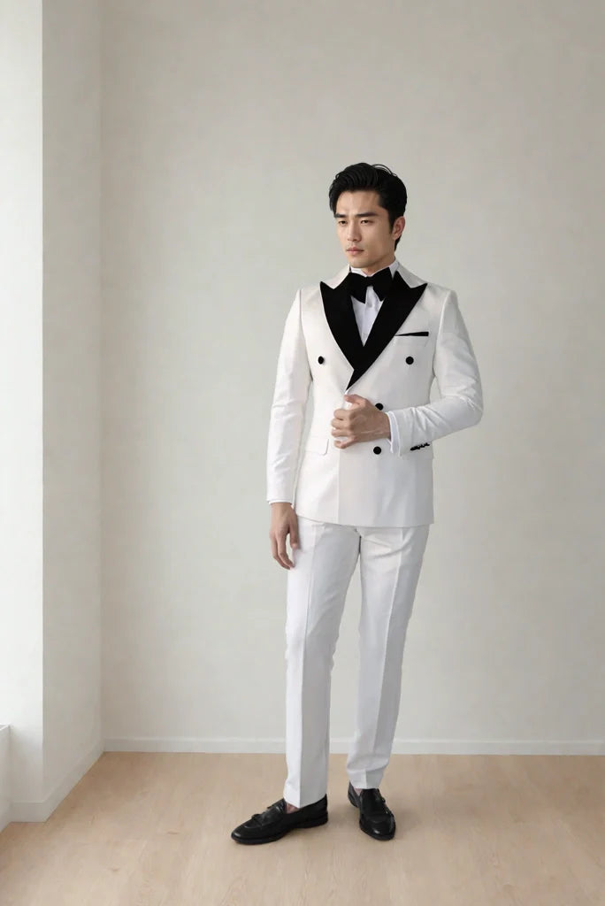 Men's White Double Breasted Tuxedo Designer Slim Fit Two Piece Suits For Engagement Prom Suit Groom Wedding Party Wear Suits & Every Occasion Wear