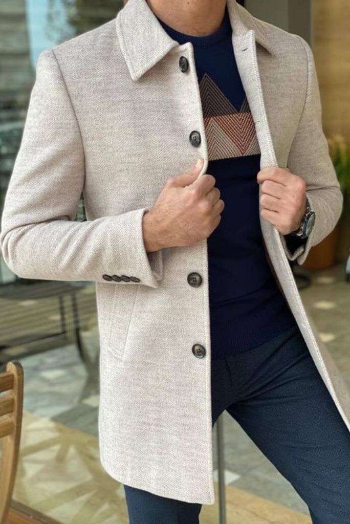 Men Over Long Coat Beige Vintage Casual Woolen Jacket Stylish Coat Overcoat Business Party Wear