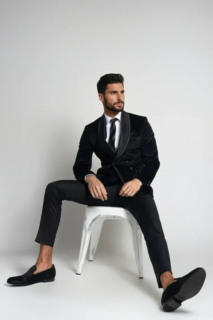 Men's Double Breasted Tuxedo Velvet Blazer Stylish Groom Wedding Coat & Velvet Black Dinner Party Coat