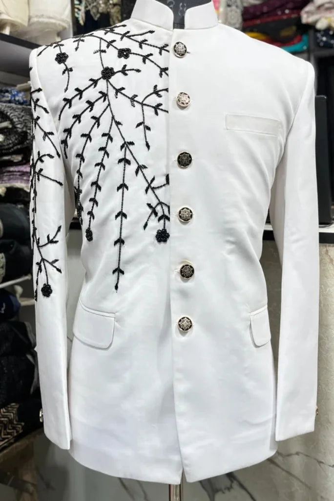 Men's Perfect Outfit for Wedding and Festival, White Bandhgala Embroidered Jodhpuri Suit