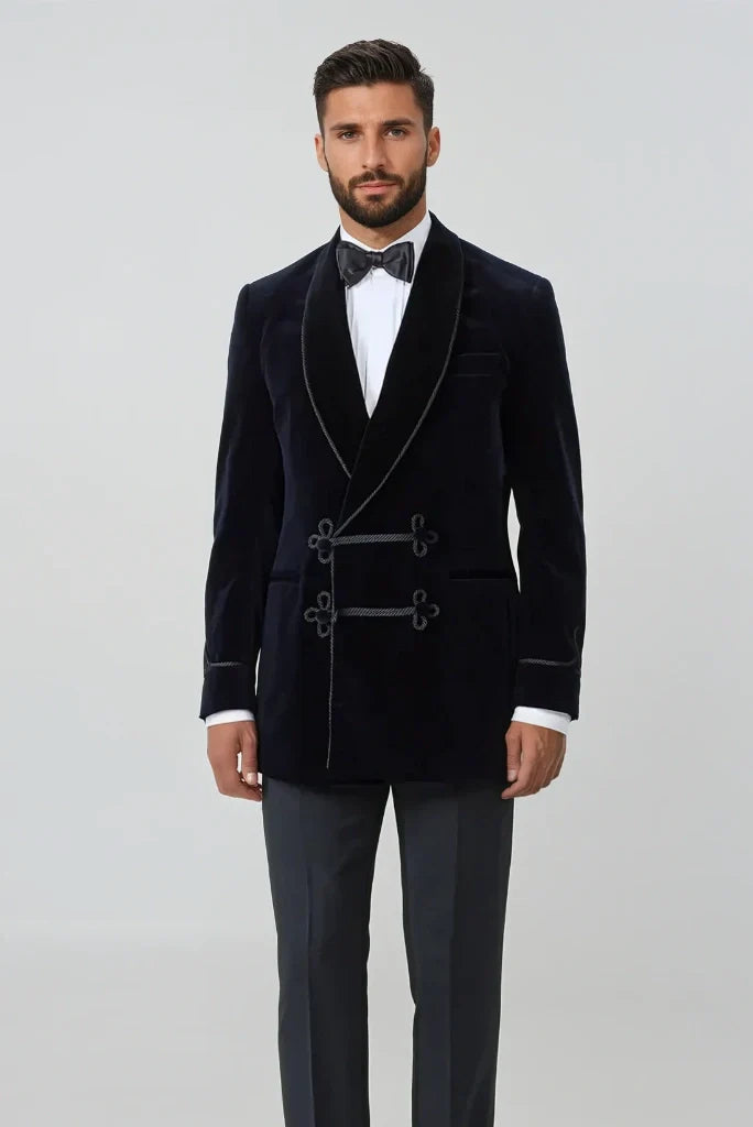 Men Navy Blue Smoking Jacket Stylish Designer Jacket Dinner Party Wear Coat Men Velvet Warm Vintage Luxury Jacket