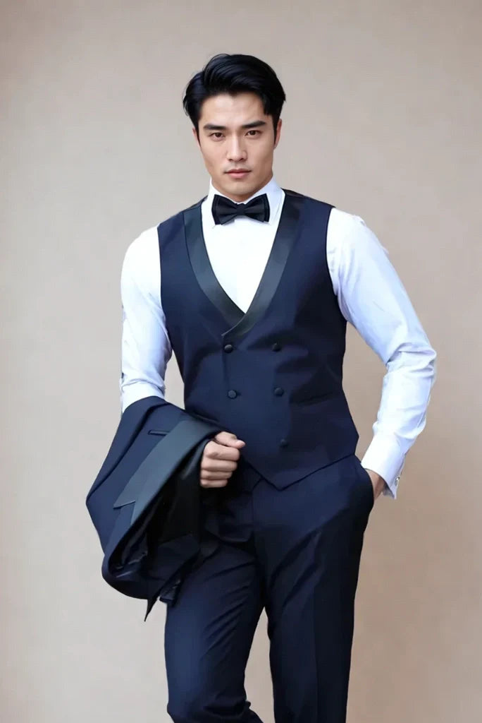 Men's Dark Royal Blue Tuxedo Three Piece Suits Prom Wedding Party Suit For Reception Groom Suits