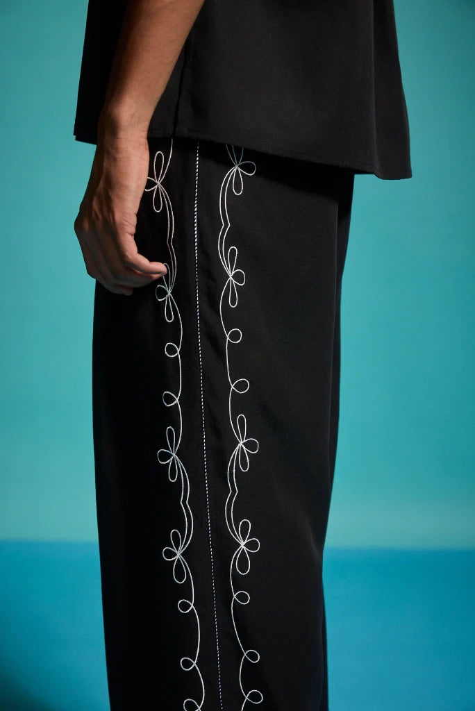 Men Thread Embroidery Loose Fit Elegant Black Pant Perfect For Beach Party Formal Weddings Travel Trouser