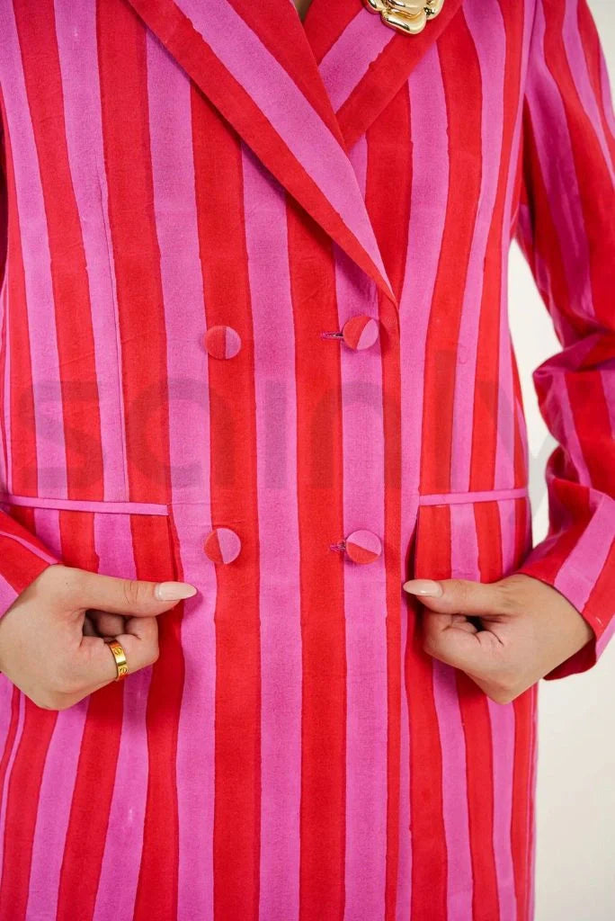 Women Double Breasted Pink & Red Stripe Hand Block Print Co-Ord Set Cotton Women's Blazer And Trousers Set Stylish Partywear Suits