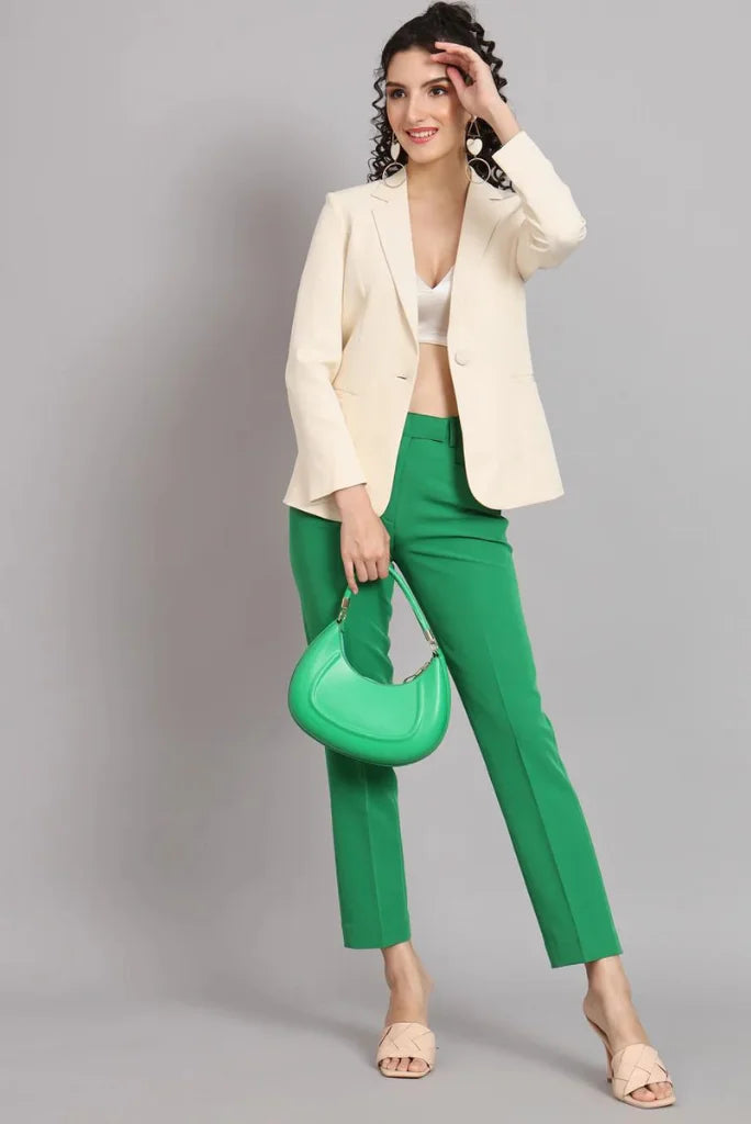 Women Cream Single Breasted Notched Lapel Blazer, Casual Long Sleeve Blazer for Her