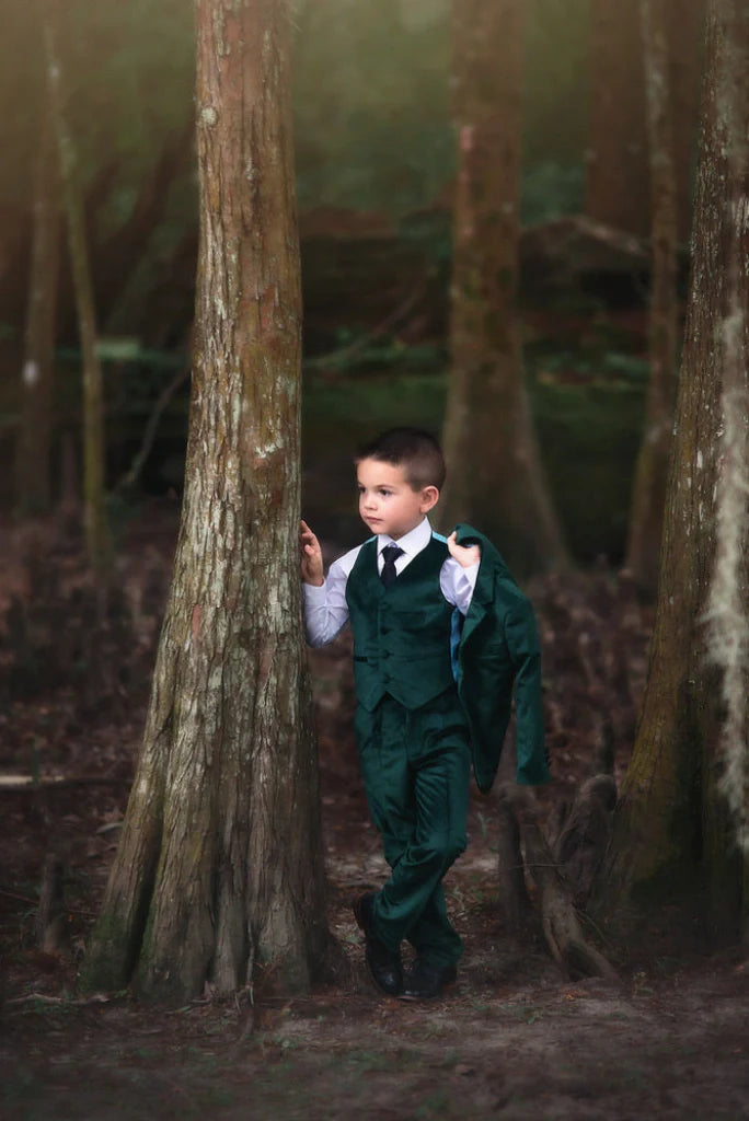 Boy Dark Green Velvet Three Piece Suit For Parties Wear Wedding Wear Family Photos Festive Or Birthday Celebrations Special