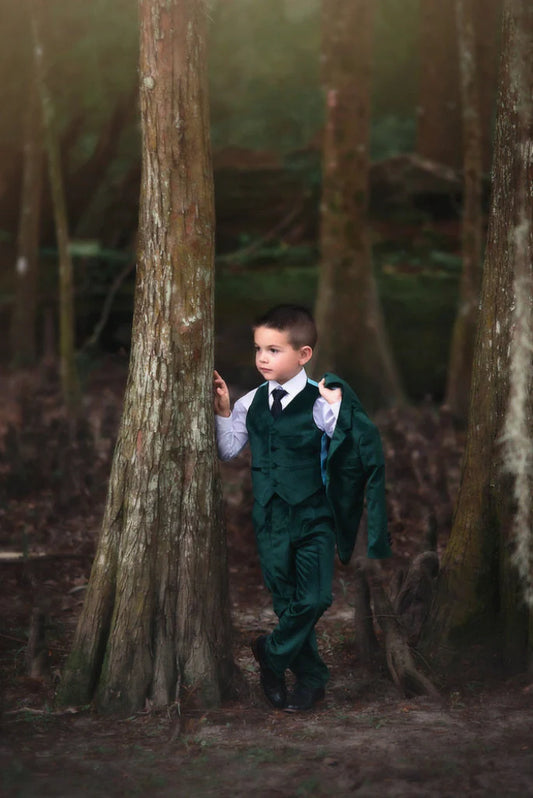 Boy Dark Green Velvet Three Piece Suit For Parties Wear Wedding Wear Family Photos Festive Or Birthday Celebrations Special