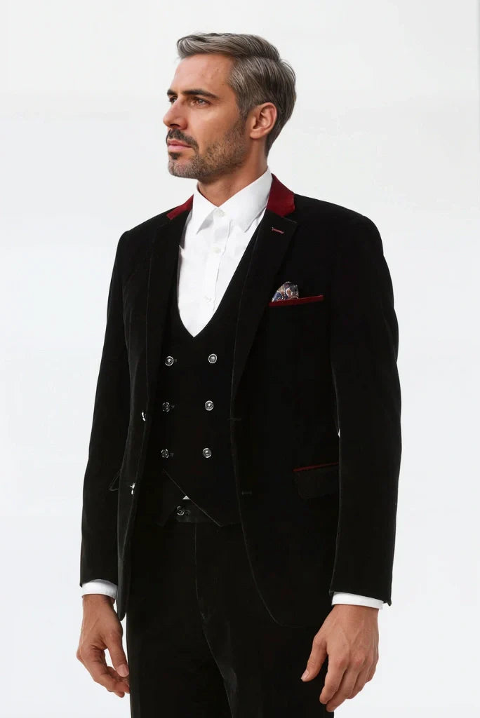 Men Velvet Black Three Piece Suit Groom Elegant Suit Parties & Festive Events Suit
