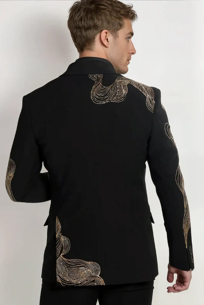 Men Black Tuxedo Gold Cord Work Embroidery Suit Elegant Two Piece Suit Groom Wedding Suit Reception Suit Dinner Party Wear Suit