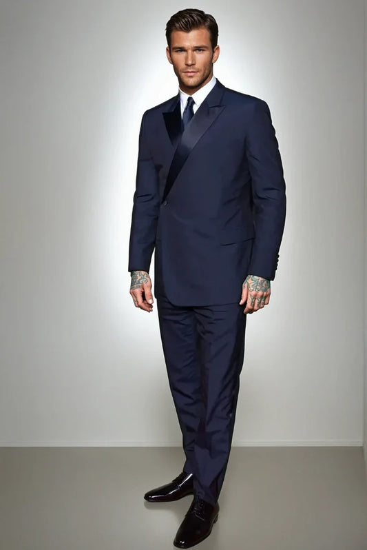 Men Double Breasted Tuxedo Navy Blue Two Piece Suit Business Meeting Suit Perfect For Parties Festive Gatherings & Especially Evening Events Suit