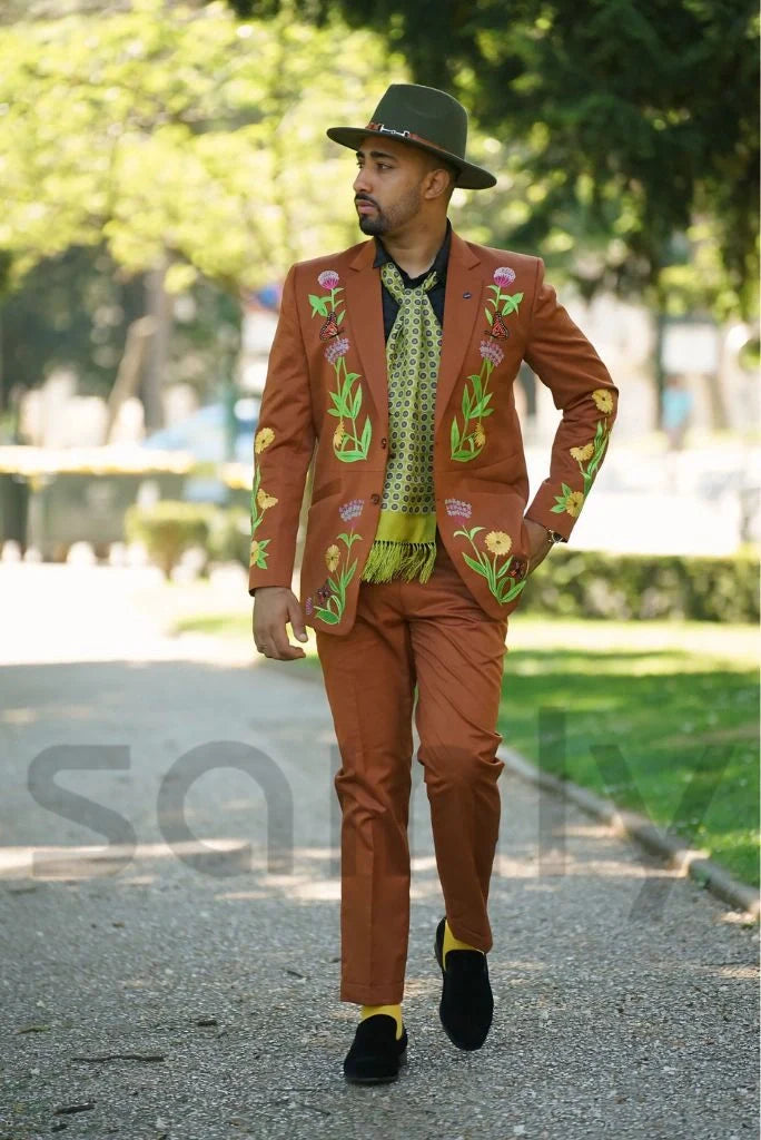 Men Floral & Butterflies Designer Embroidery Suit Stylish Rust Two Piece Suit Country Western Suit Groom Suit Wedding Cocktail Party Attire