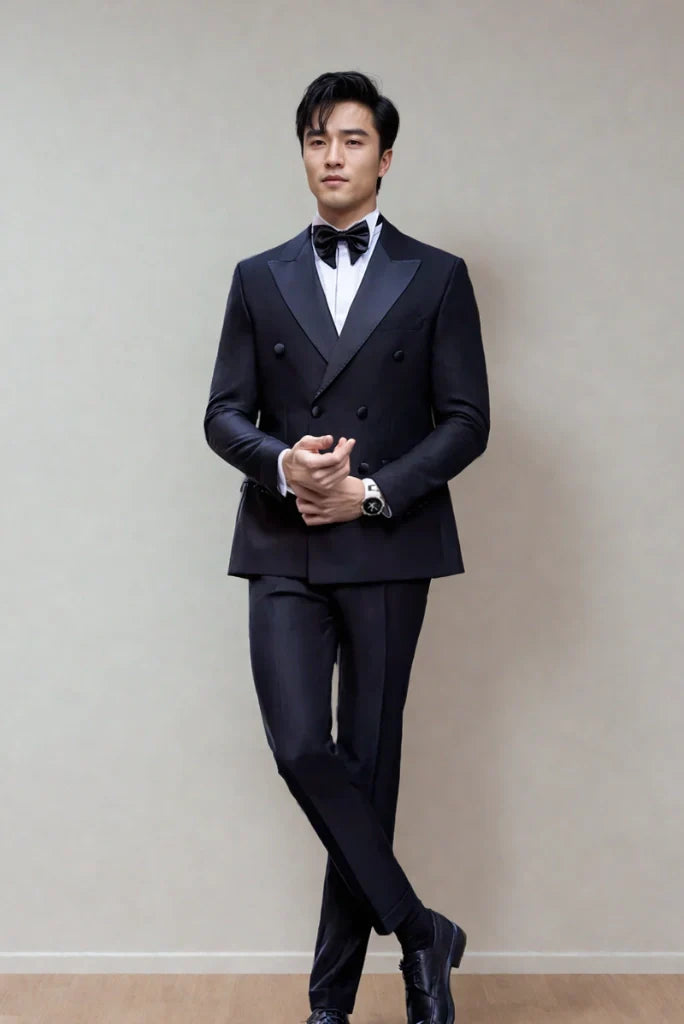 Mens Navy Blue Double Breasted Tuxedo Two Piece Suits Designer Elegant Partywear Suits Anniversary Prom Suits