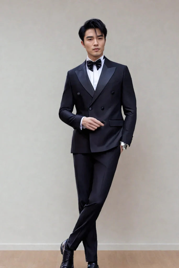 Mens Navy Blue Double Breasted Tuxedo Two Piece Suits Designer Elegant Partywear Suits Anniversary Prom Suits
