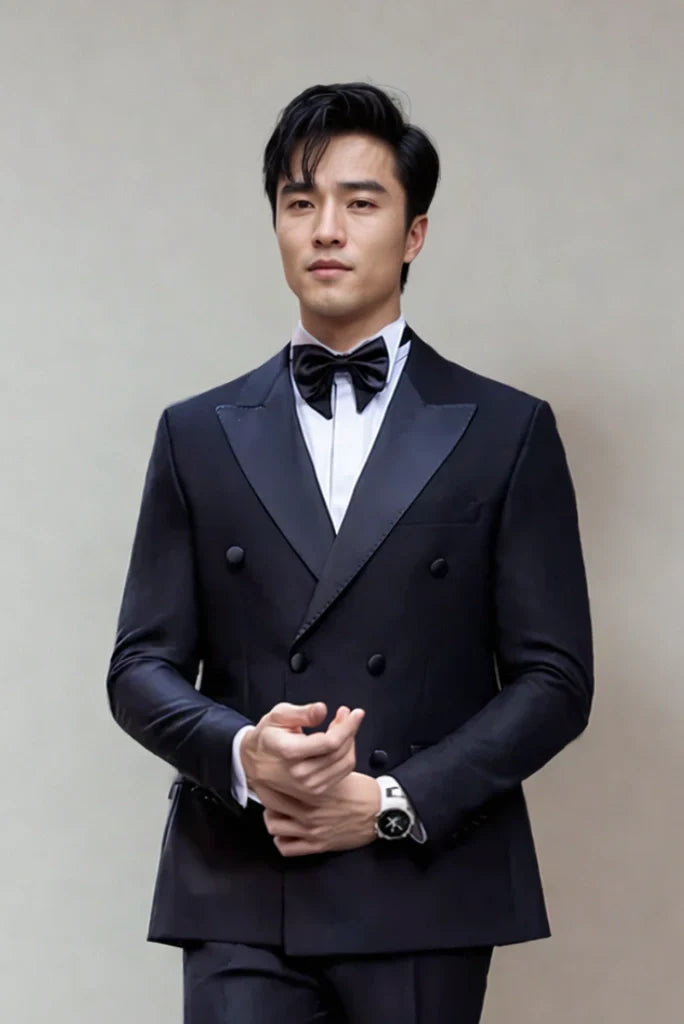 Mens Navy Blue Double Breasted Tuxedo Two Piece Suits Designer Elegant Partywear Suits Anniversary Prom Suits
