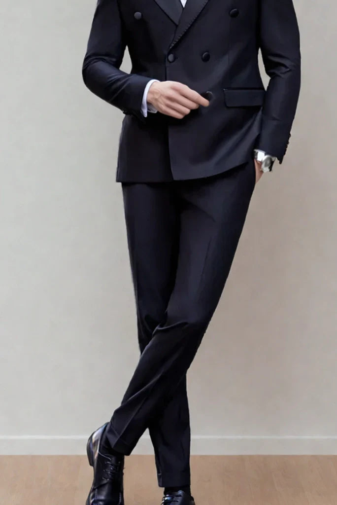 Mens Navy Blue Double Breasted Tuxedo Two Piece Suits Designer Elegant Partywear Suits Anniversary Prom Suits