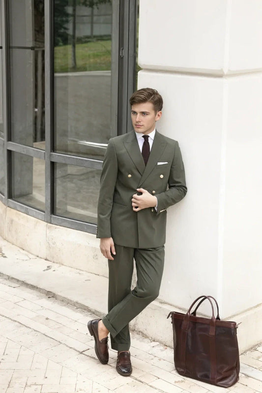 Men Olive Green Double Breasted Two Piece Suit Formal Wedding Party Wear Suit And Tailored Stylish Suits