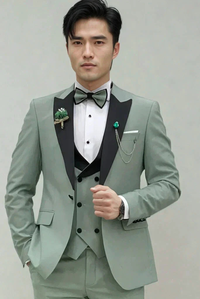 Mens Slim Fit Tuxedo Three Piece Sage Green Suit For Wedding Engagement Anniversary Prom Groom wear and Grooms Men Suit