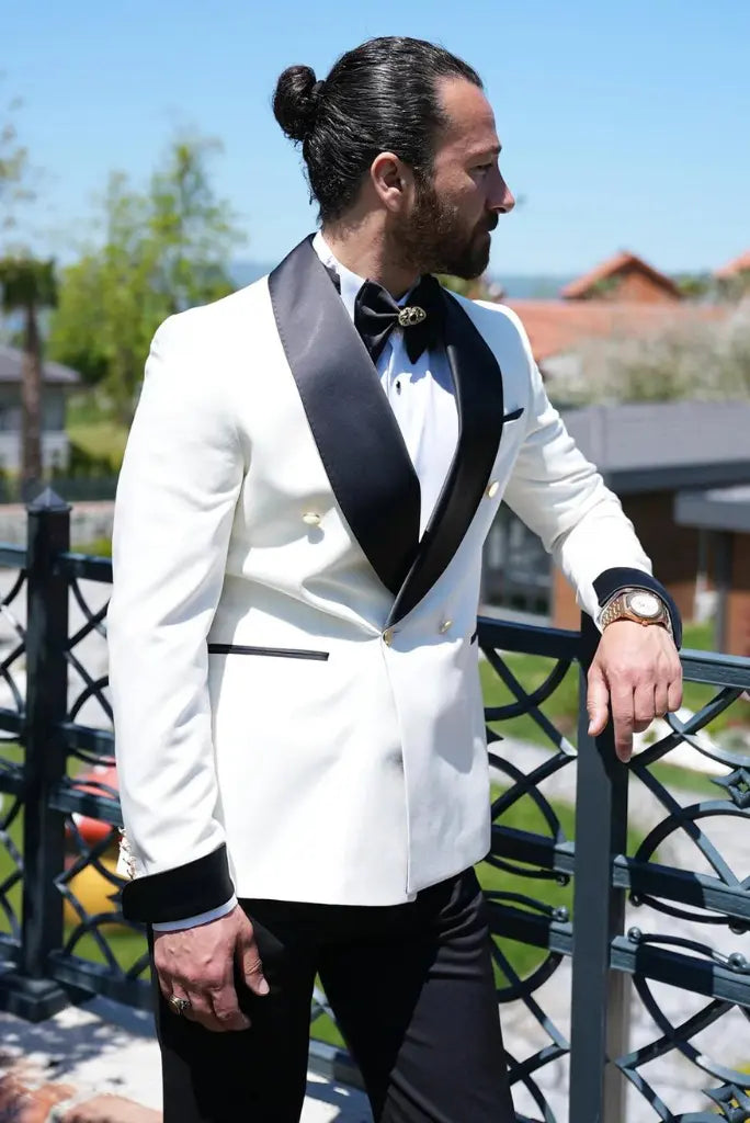 Premium White Double Breasted Tuxedo Two Piece Formal Wedding Coat Pant Classic For Him
