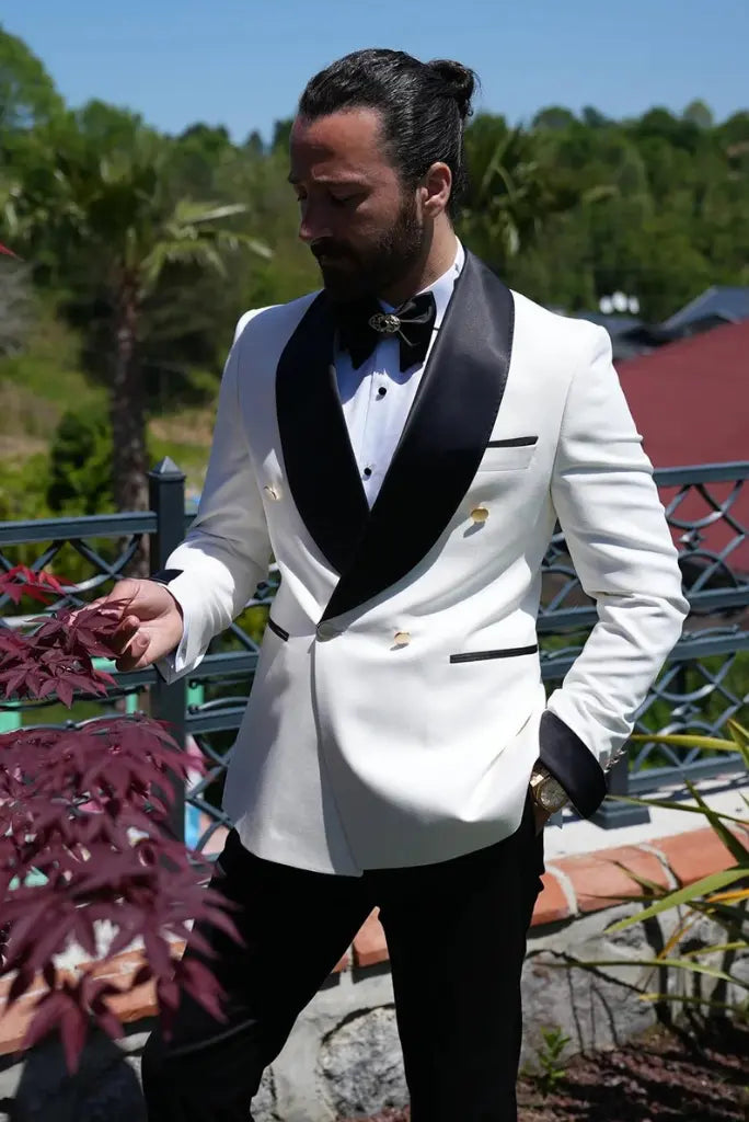 Premium White Double Breasted Tuxedo Two Piece Formal Wedding Coat Pant Classic For Him