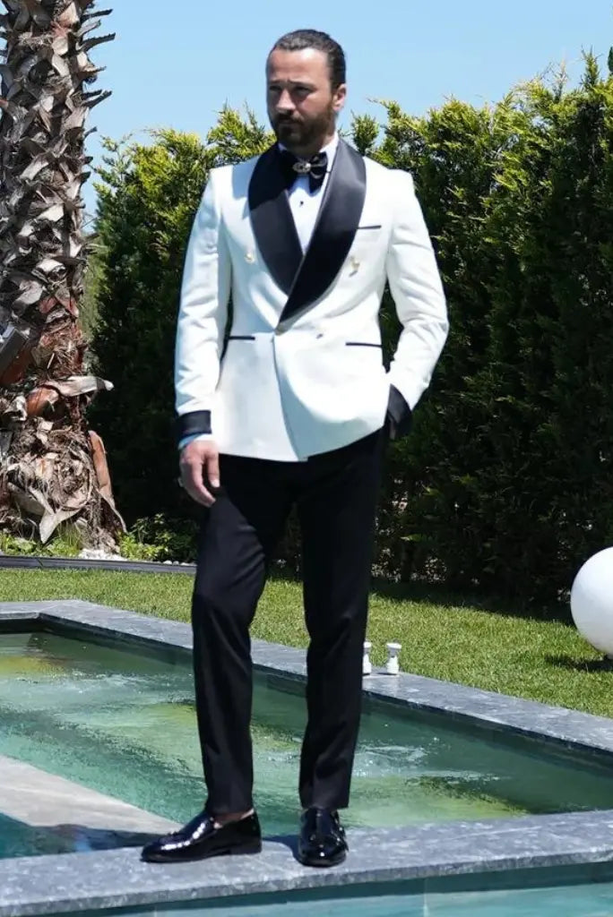 Premium White Double Breasted Tuxedo Two Piece Formal Wedding Coat Pant Classic For Him