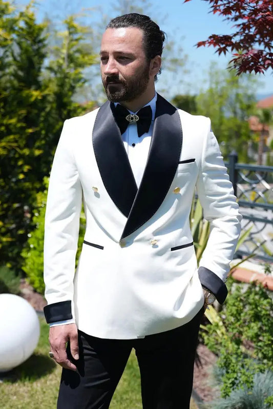 Premium White Double Breasted Tuxedo Two Piece Formal Wedding Coat Pant Classic For Him
