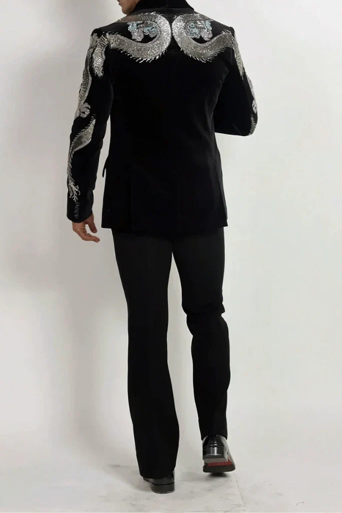 Men Black Velvet Silver Dragon Embroidery Tuxedo Two Piece Suit Designer Groom Wedding Suit & Engagement Reception Party Wear Suit