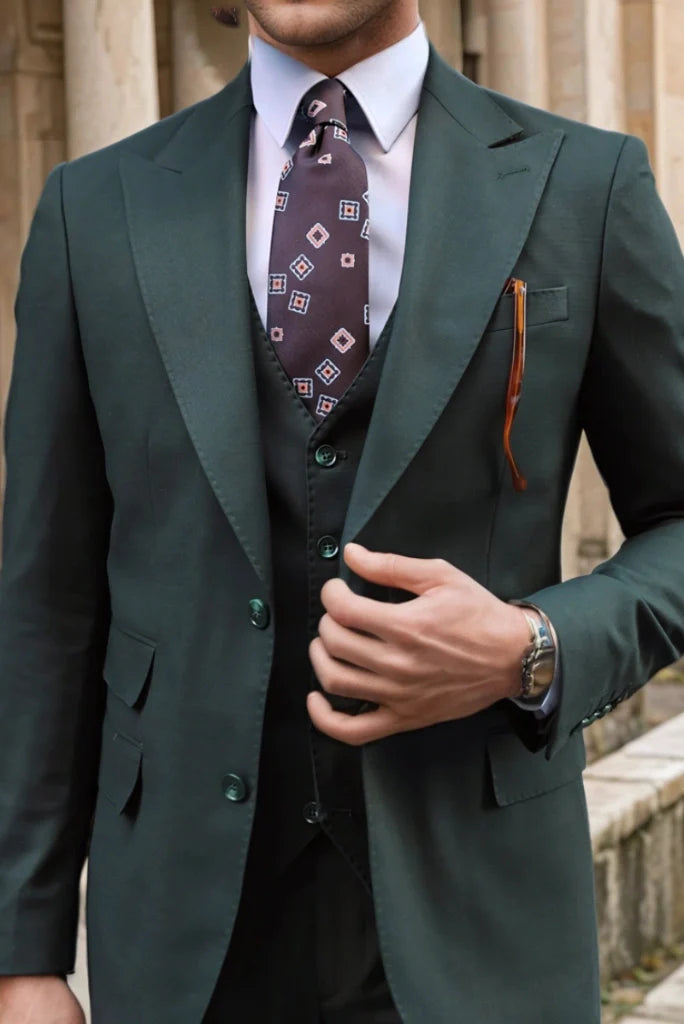 Men Dark Pine Green Three Piece Suits Formal Business Professional Slim Fit Suits