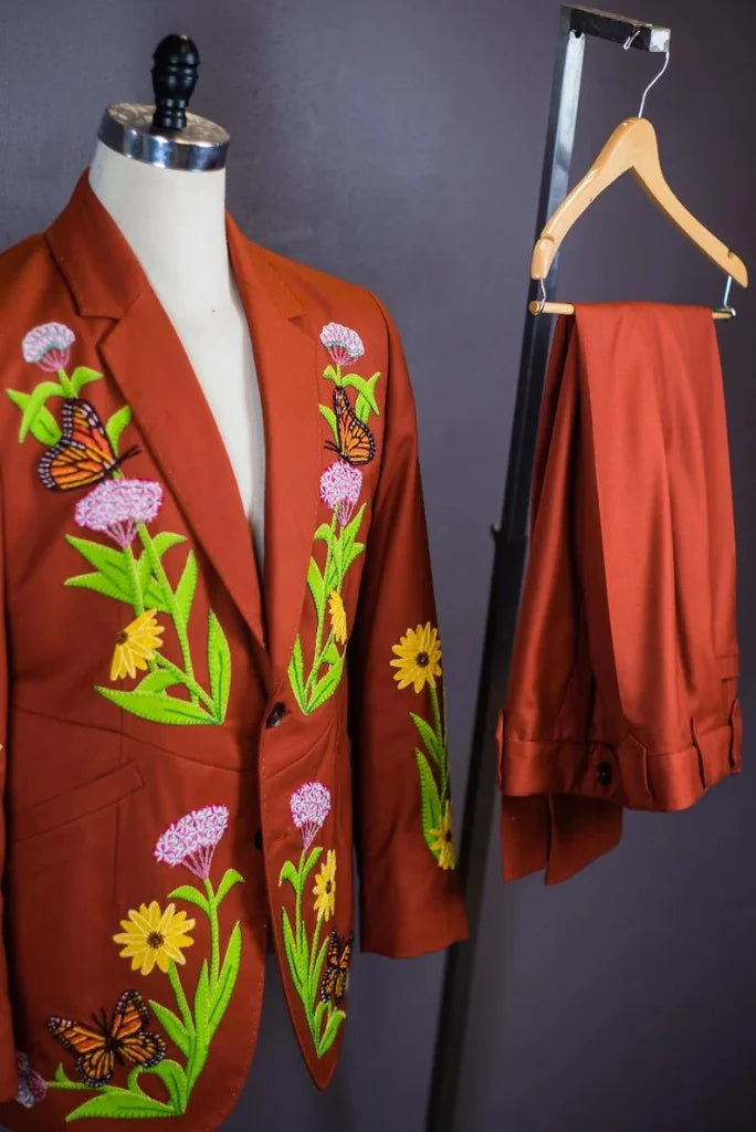 Men Rust Two Piece Suit Embroidered  Designer Suits Wedding Classic Bespoke Wear