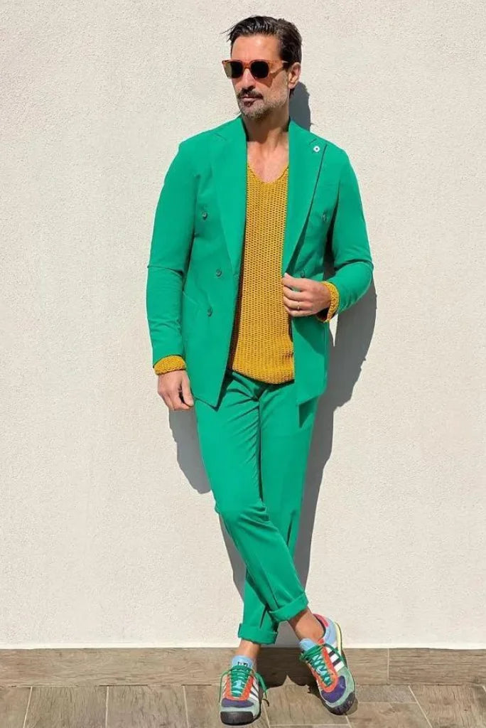 Men Double Breasted Kelly Green Two Piece Suit Formal Bespoke Wedding Wear For Him