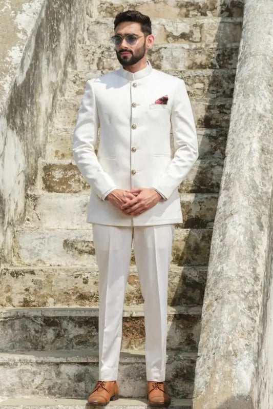 Mens White Royal  Bandhgala Suit Indian Wedding Function Suit Groomsmen Suits White Maharaja Suit For Him