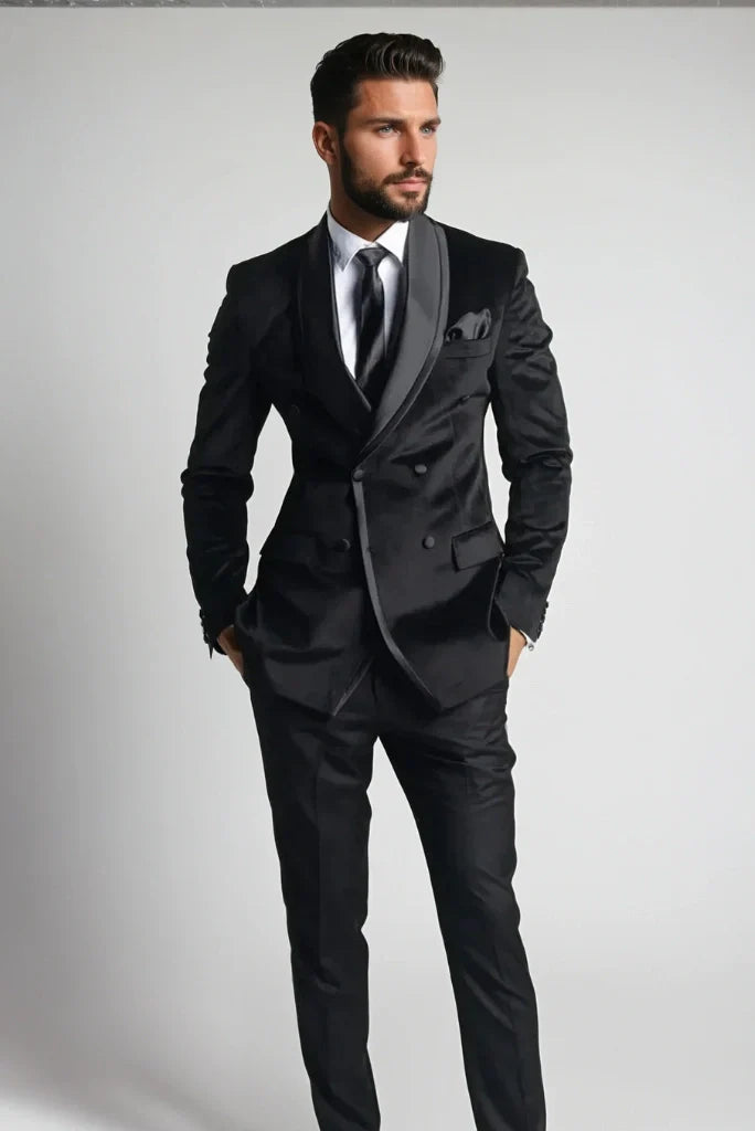 Men's Double Breasted Tuxedo Velvet Blazer Stylish Groom Wedding Coat & Velvet Black Dinner Party Coat
