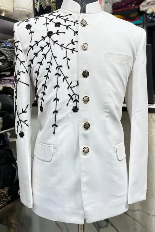 Men's Perfect Outfit for Wedding and Festival, White Bandhgala Embroidered Jodhpuri Suit