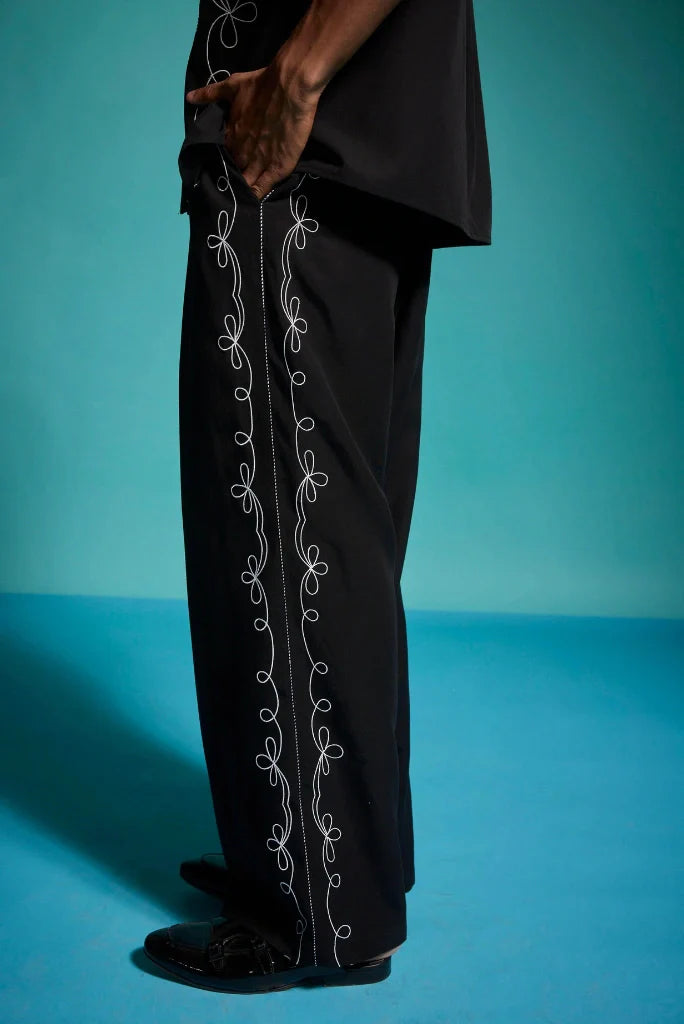 Men Thread Embroidery Loose Fit Elegant Black Pant Perfect For Beach Party Formal Weddings Travel Trouser