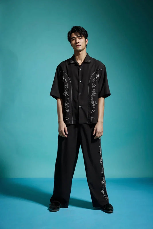 Men Thread Embroidery Loose Fit Elegant Black Pant Perfect For Beach Party Formal Weddings Travel Trouser