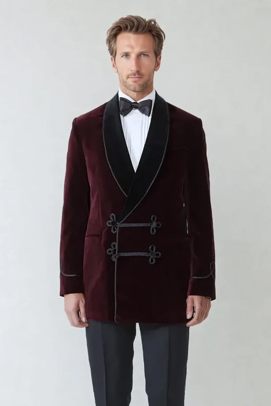 Wine Velvet Smoking Jacket For Mens Velvet Smoking Coats Evening Wear Coat Stylish Velvet Wedding Jacket