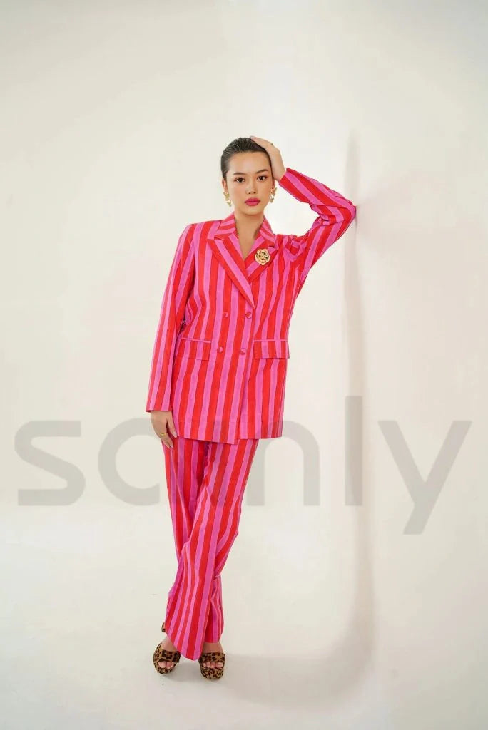 Women Double Breasted Pink & Red Stripe Hand Block Print Co-Ord Set Cotton Women's Blazer And Trousers Set Stylish Partywear Suits