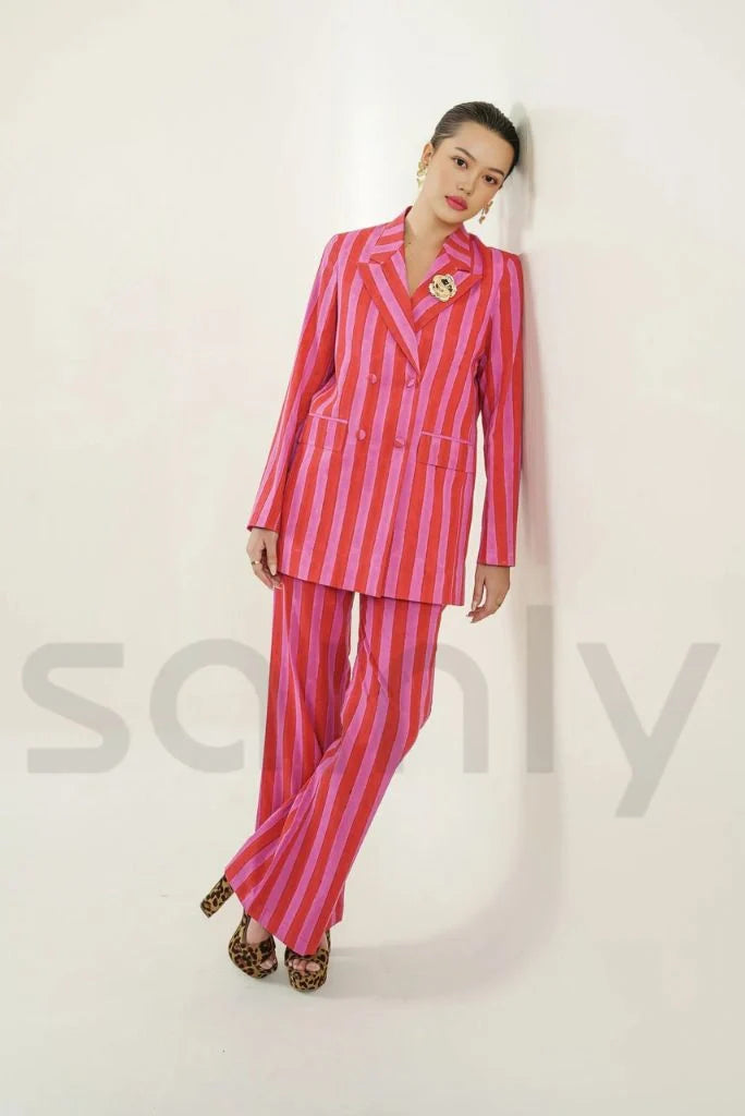 Women Double Breasted Pink & Red Stripe Hand Block Print Co-Ord Set Cotton Women's Blazer And Trousers Set Stylish Partywear Suits