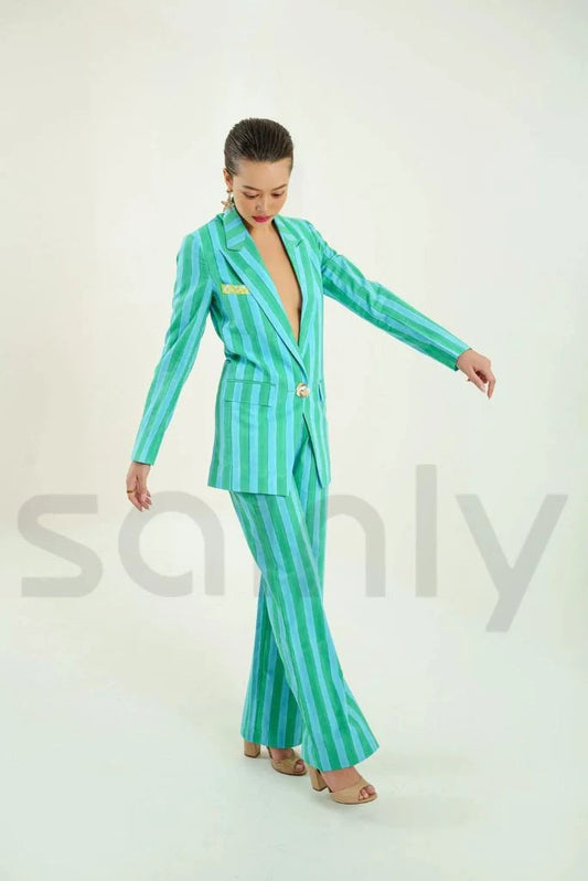 Women Handblock Printed Stripes Co-Ord Set & Green And Blue Stripes Pantsuit Summer Party Wear Outfit One Button Cotton Suits