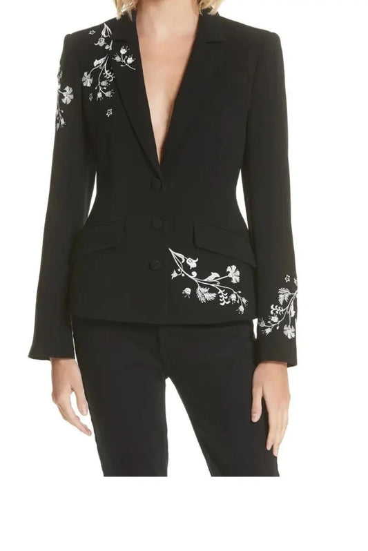Women Black Embroidery 2 Piece Suit, Wedding Prom Cocktail, Formal Events and Party Blazer Suit For Her