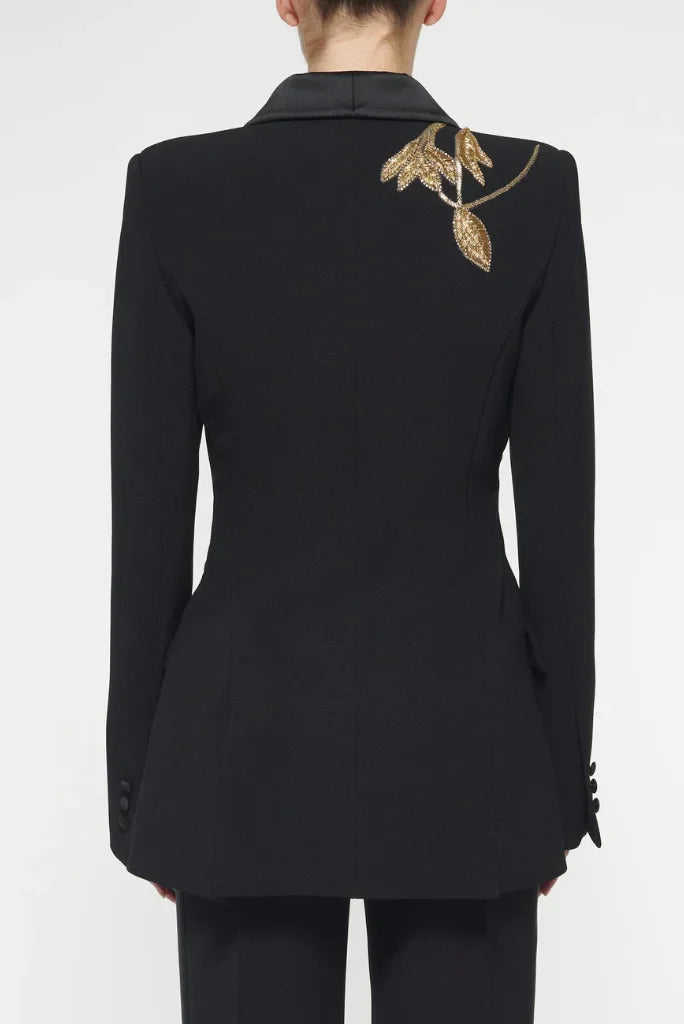 Embroidery Black Tuxedo Suit for Women, Elegant Black Suit for Cocktail, Business Event and Wedding
