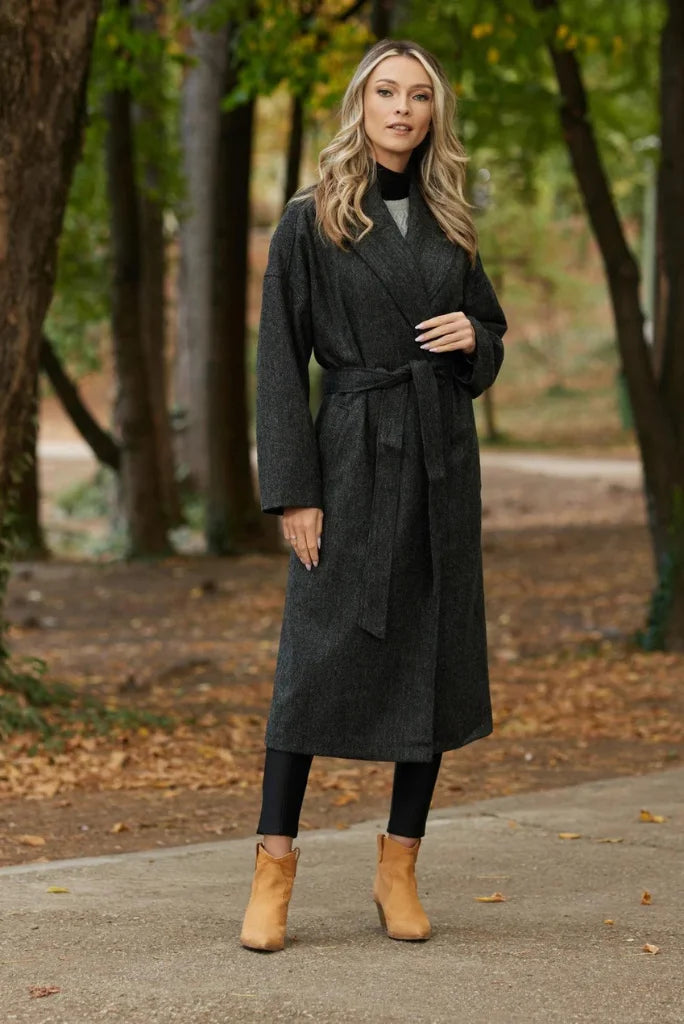Women Grey Winter Long Coat, Classic Double Breasted Belted Coat For Her