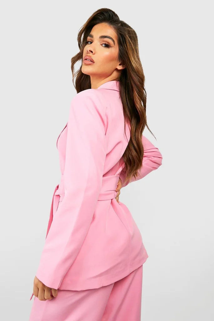 Women Light Pink Obi Tie Waist Fitted Blazer Suit, Designer 2 Piece Suit for Her