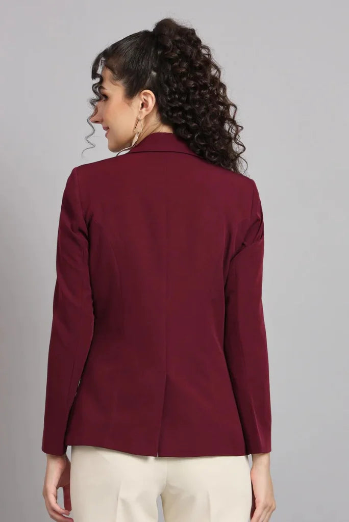 Women Maroon Single Breasted Notched Lapel Blazer, Casual Long Sleeve Blazer for Her