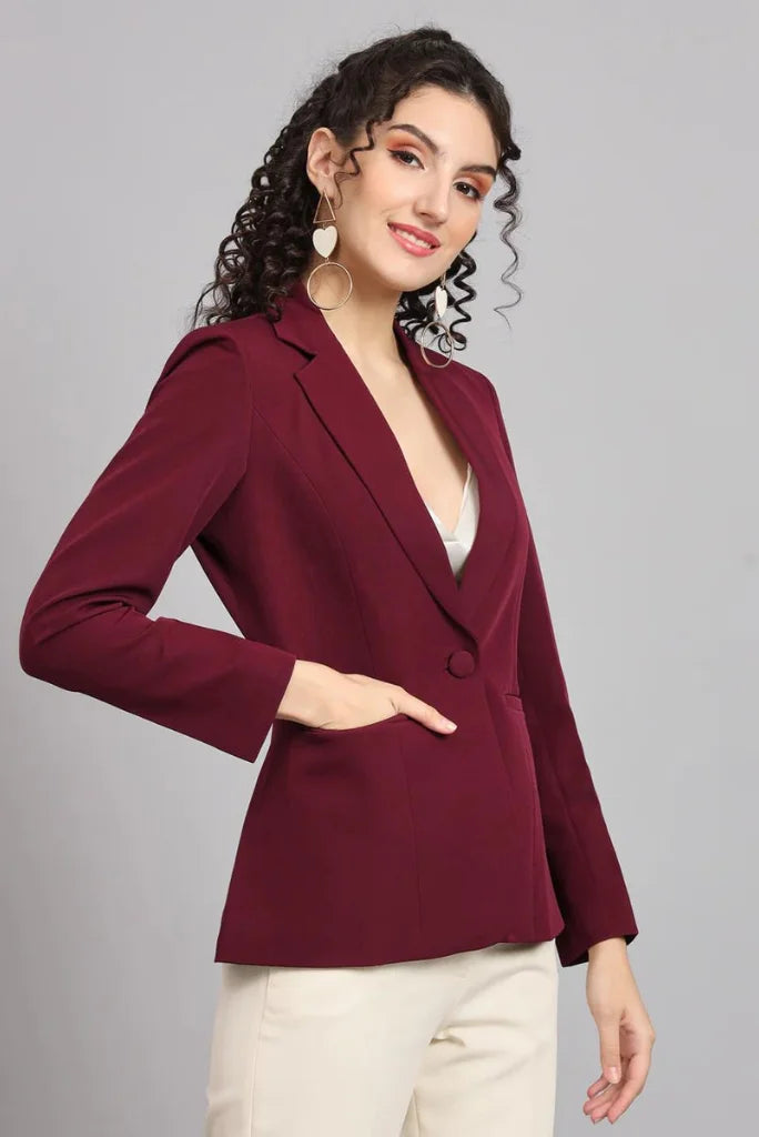 Women Maroon Single Breasted Notched Lapel Blazer, Casual Long Sleeve Blazer for Her