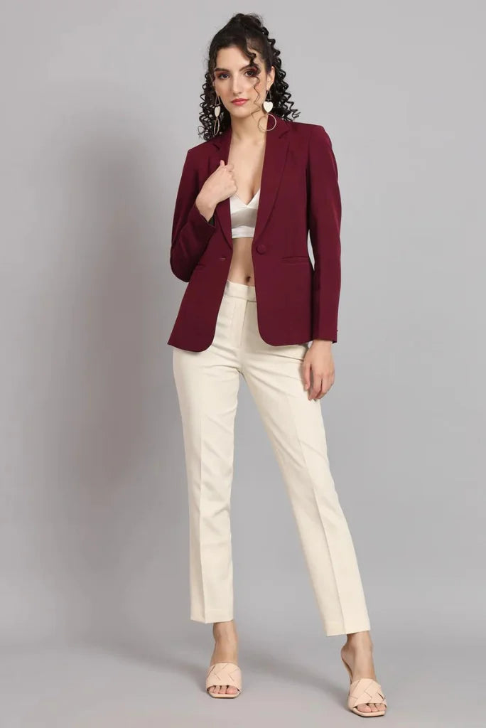 Women Maroon Single Breasted Notched Lapel Blazer, Casual Long Sleeve Blazer for Her
