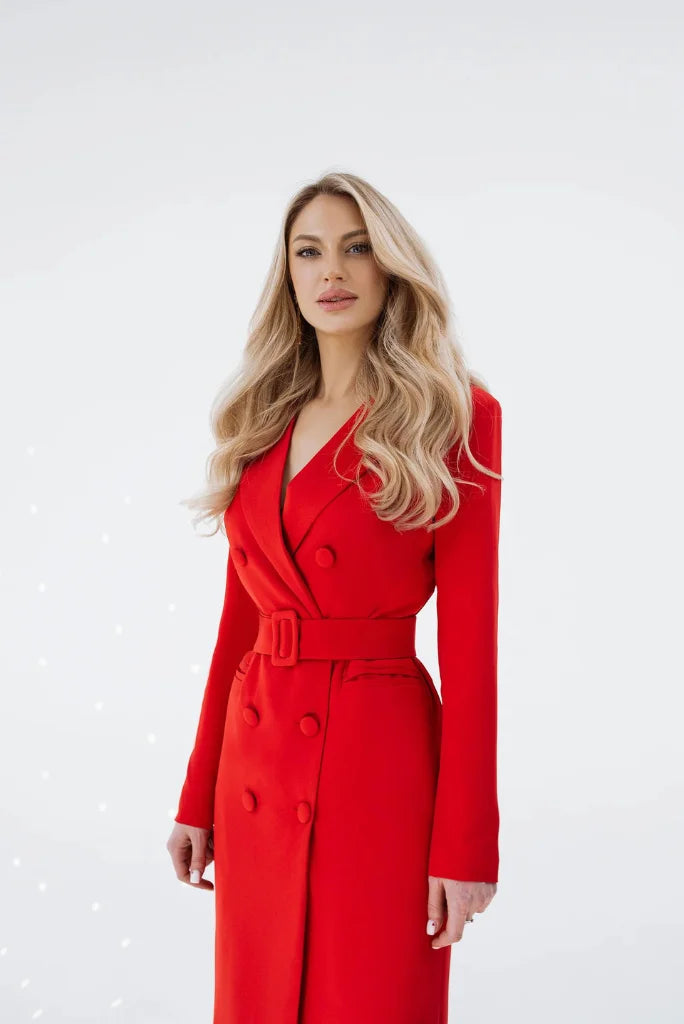Women's Red Long Coat Formal Dress, Elegant Double Breasted Coat for Office and Events