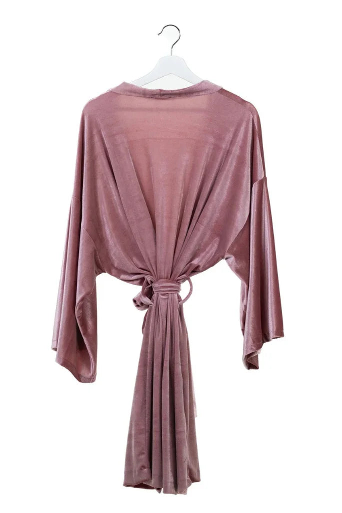 Women Rose Pink Velvet Kimono, Night Wear Kimono for Her
