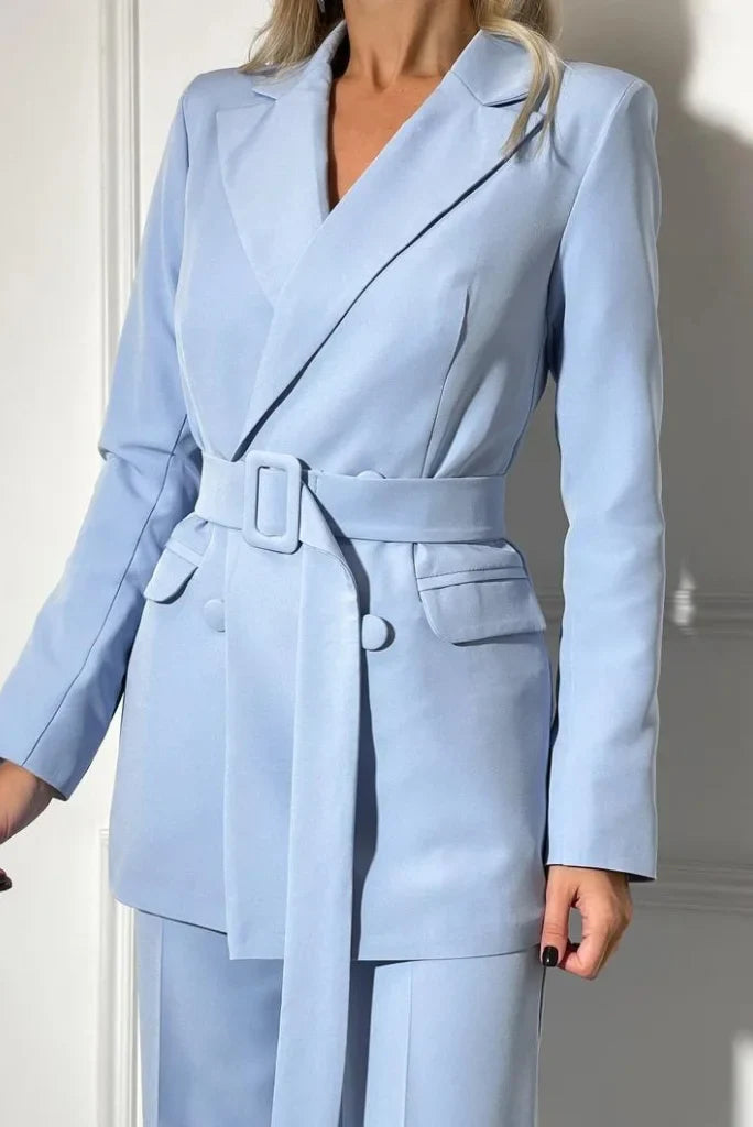 Steel Blue Double Breasted 2 Piece Suit for Women, Belted Blazer for Women, Classic Outfit For Her