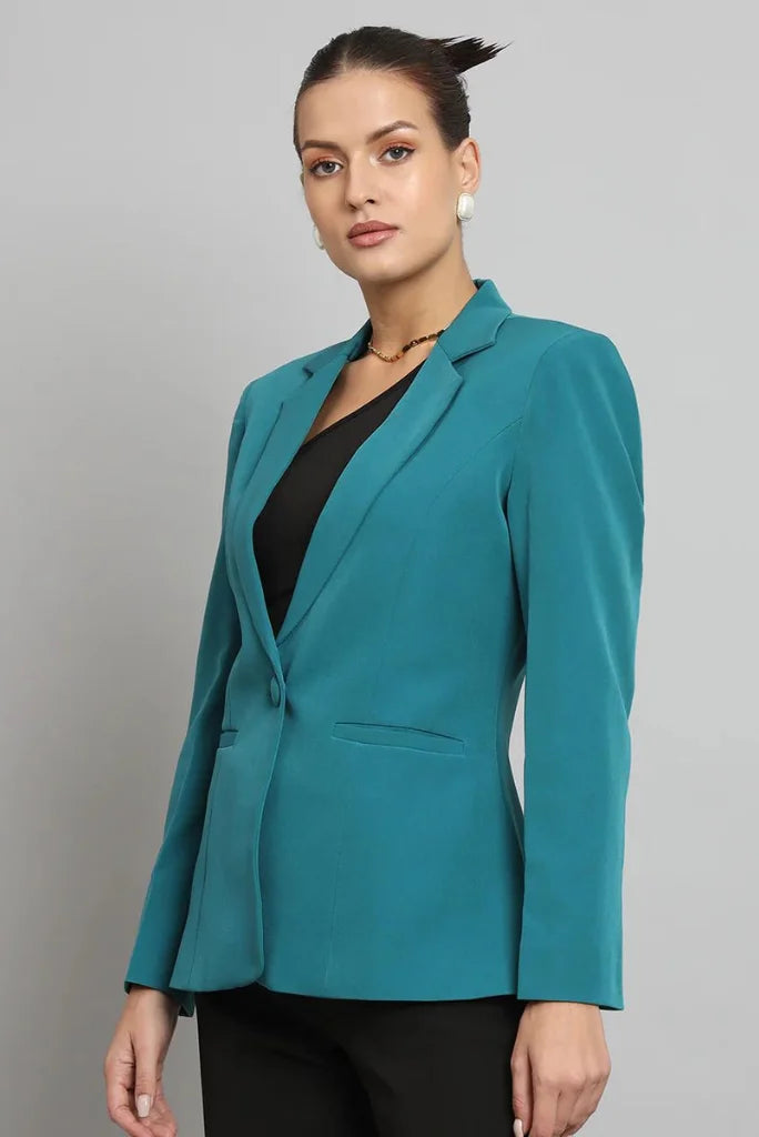 Women Teal Blue Single Breasted Notched Lapel Blazer, Casual Long Sleeve Blazer for Her