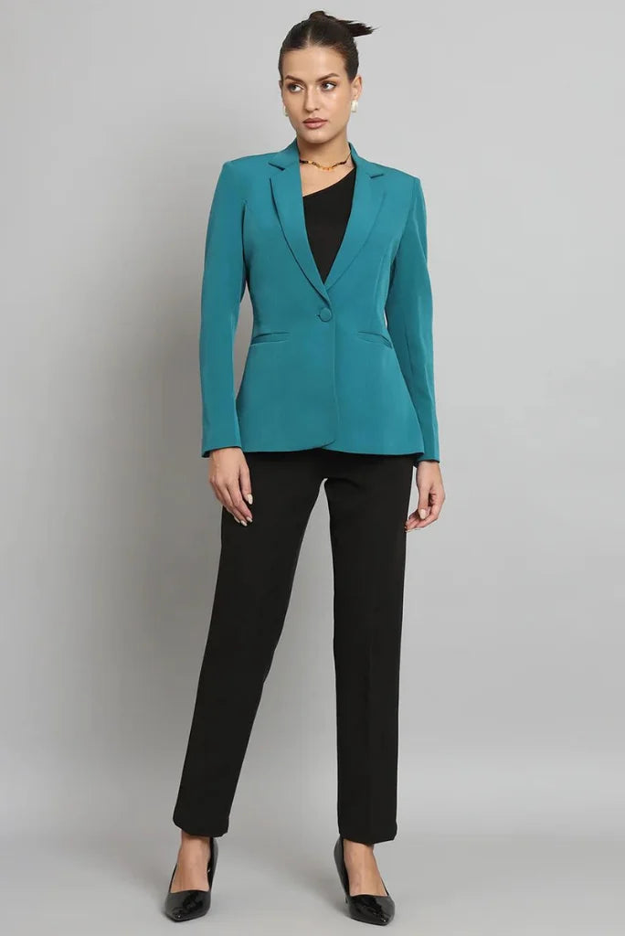 Women Teal Blue Single Breasted Notched Lapel Blazer, Casual Long Sleeve Blazer for Her